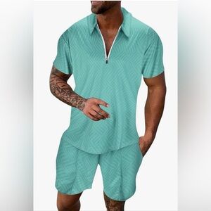 Amazon Men's Teal 2 piece short tracksuit, size large